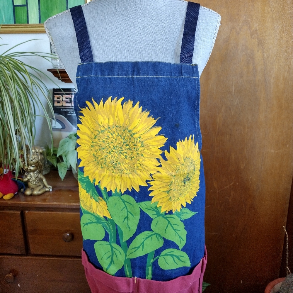 Liz Lauter Vintage Flower Pot Jean Apron Garden Sunflower 4pkt Made in USA